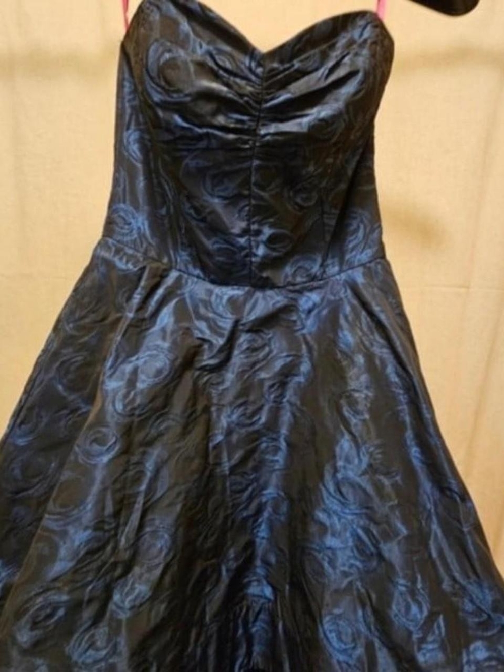 90s Betsey Johnson Black with Blue Floral Strapless A-Line Dress